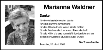 Traueranzeige von Marianna Waldner von Dolomiten