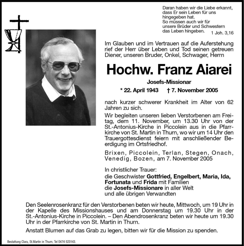  Traueranzeige für Franz Aiarei vom 09.11.2005 aus Dolomiten