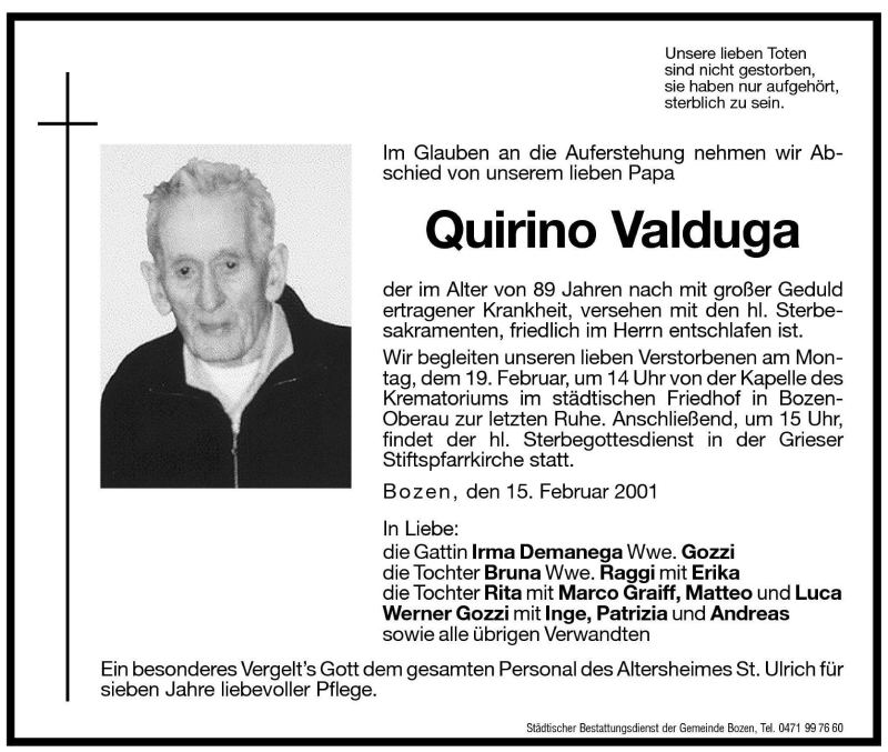  Traueranzeige für Quirino Valduga vom 17.02.2001 aus Dolomiten