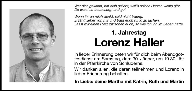  Traueranzeige für Lorenz Haller vom 29.01.2010 aus Dolomiten