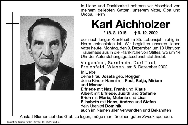  Traueranzeige für Karl Aichholzer vom 09.12.2002 aus Dolomiten