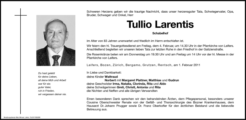  Traueranzeige für Tullio Larentis vom 02.02.2011 aus Dolomiten