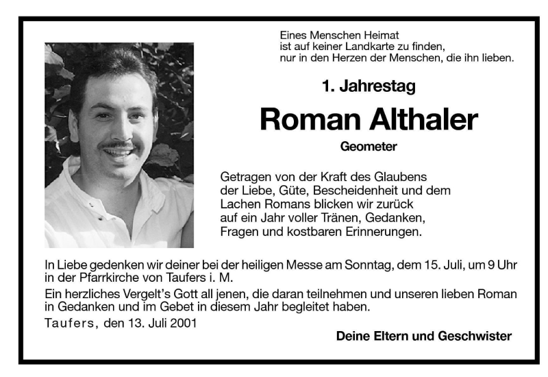  Traueranzeige für Roman Althaler vom 13.07.2001 aus Dolomiten