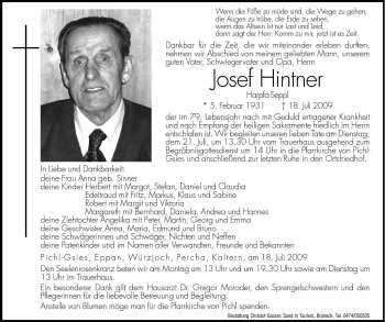 Traueranzeige von Josef Hintner von Dolomiten