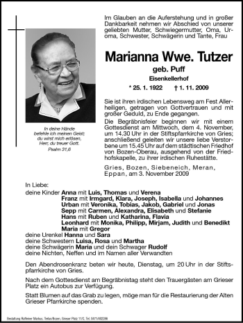 Traueranzeige von Marianna Tutzer von Dolomiten