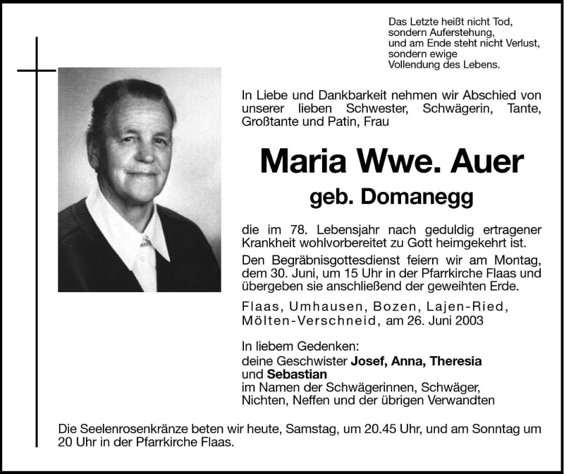  Traueranzeige für Maria Auer vom 28.06.2003 aus Dolomiten