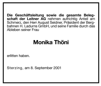 Traueranzeige von Monika Thöni von Dolomiten