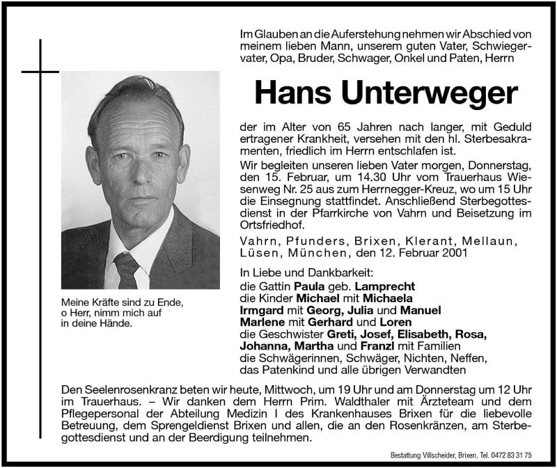  Traueranzeige für Hans Unterweger vom 14.02.2001 aus Dolomiten