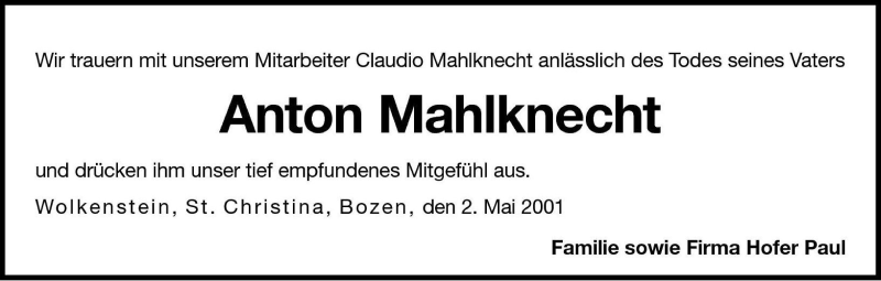  Traueranzeige für Anton Mahlknecht vom 03.05.2001 aus Dolomiten
