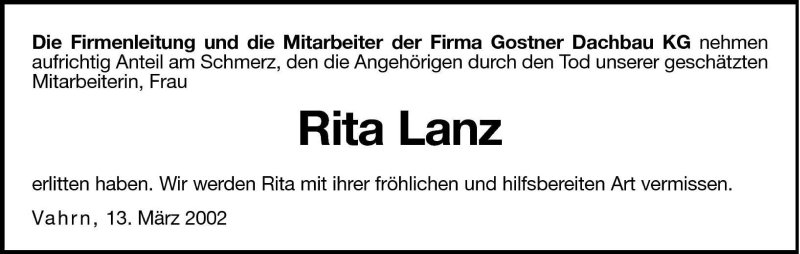  Traueranzeige für Rita Lanz vom 26.03.2002 aus Dolomiten