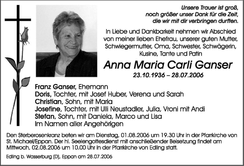  Traueranzeige für Anna Maria Carli Ganser vom 01.08.2006 aus Dolomiten