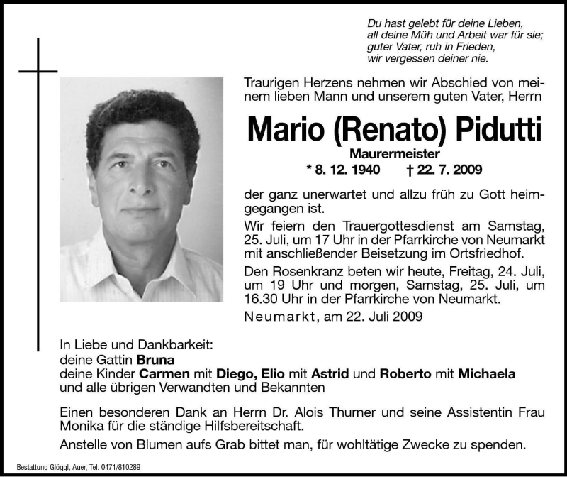  Traueranzeige für Mario (Renato) Pidutti vom 24.07.2009 aus Dolomiten