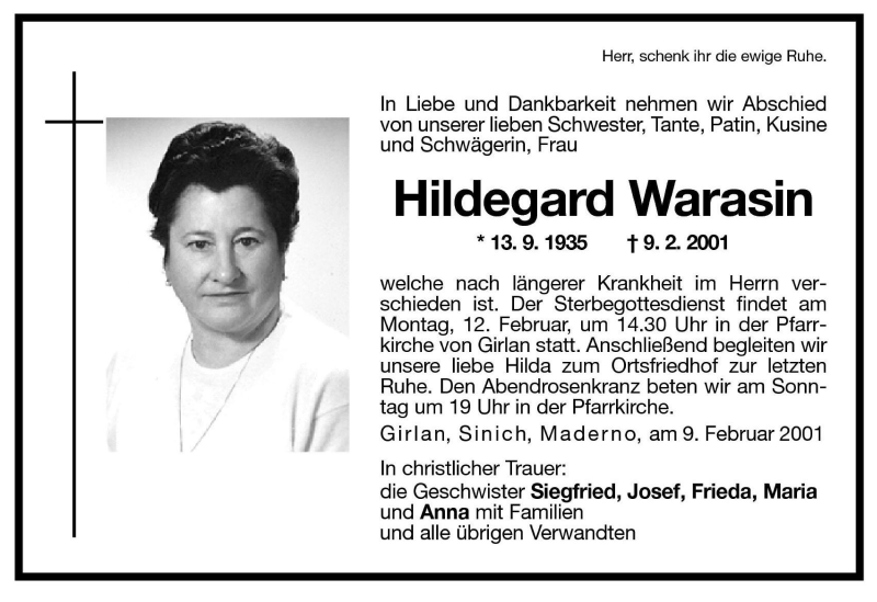  Traueranzeige für Hildegard Warasin vom 10.02.2001 aus Dolomiten