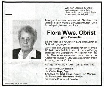 Traueranzeige von Flora Obrist von Dolomiten