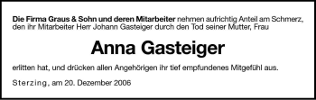Traueranzeige von Anna Gasteiger von Dolomiten
