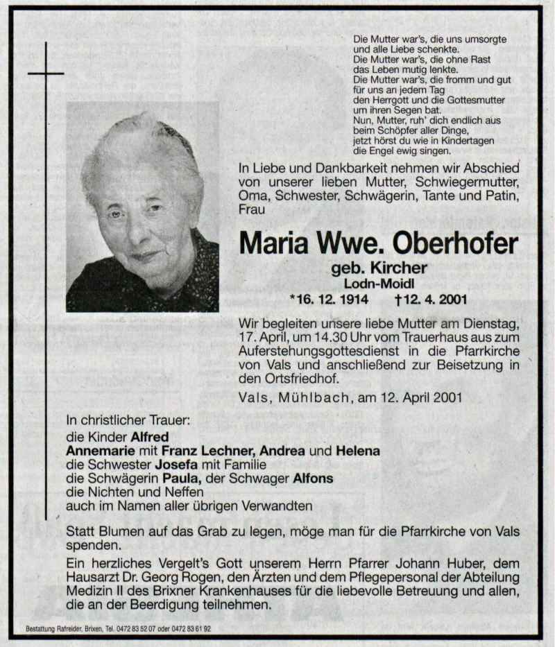  Traueranzeige für Maria Oberhofer vom 14.04.2001 aus Dolomiten