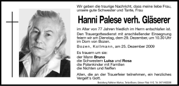 Traueranzeige von Hanni Gläserer von Dolomiten
