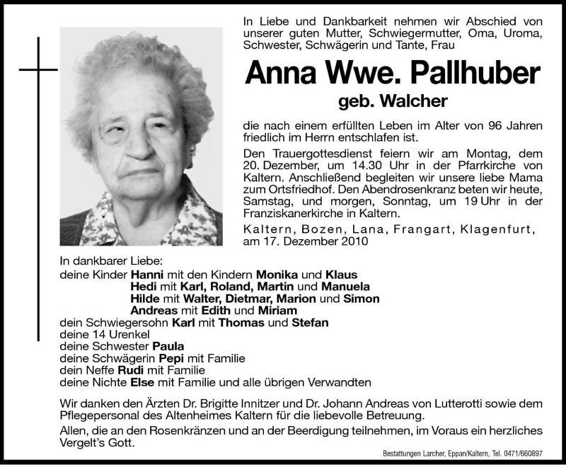  Traueranzeige für Anna Pallhuber vom 18.12.2010 aus Dolomiten