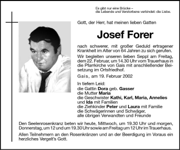 Traueranzeige von Josef Forer von Dolomiten
