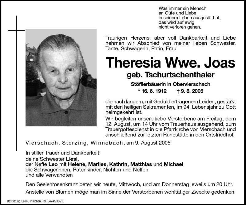  Traueranzeige für Theresia Joas vom 10.08.2005 aus Dolomiten