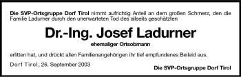 Traueranzeige von Josef Ladurner von Dolomiten