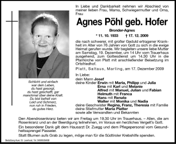 Traueranzeige von Agnes Pöhl von Dolomiten