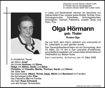 Traueranzeige von Olga Hörmann von Dolomiten