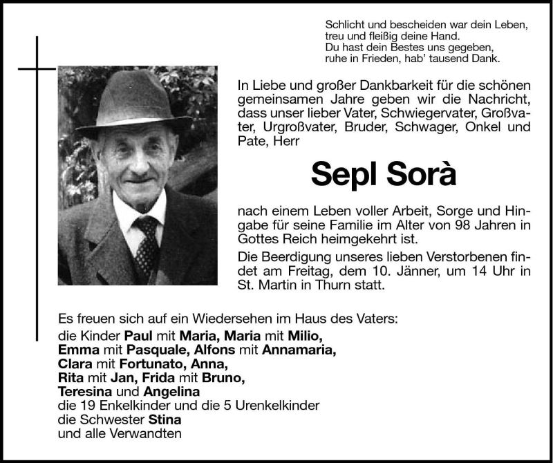  Traueranzeige für Sepl Sorà vom 09.01.2003 aus Dolomiten