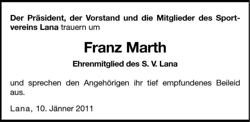  Traueranzeige für Franz Martha vom 10.01.2011 aus Dolomiten