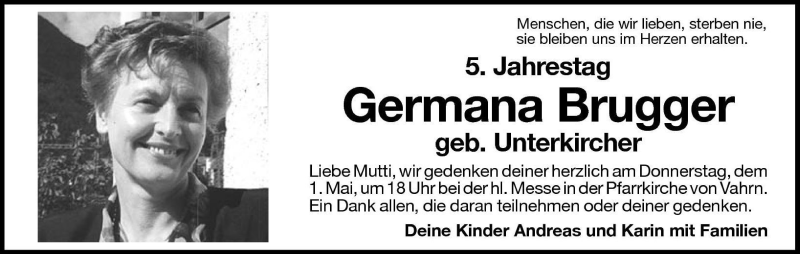  Traueranzeige für Germana Brugger vom 30.04.2003 aus Dolomiten