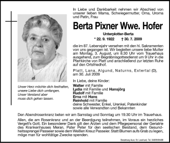 Traueranzeige von Berta Hofer von Dolomiten