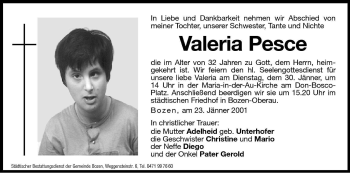 Traueranzeige von Valeria Pesce von Dolomiten