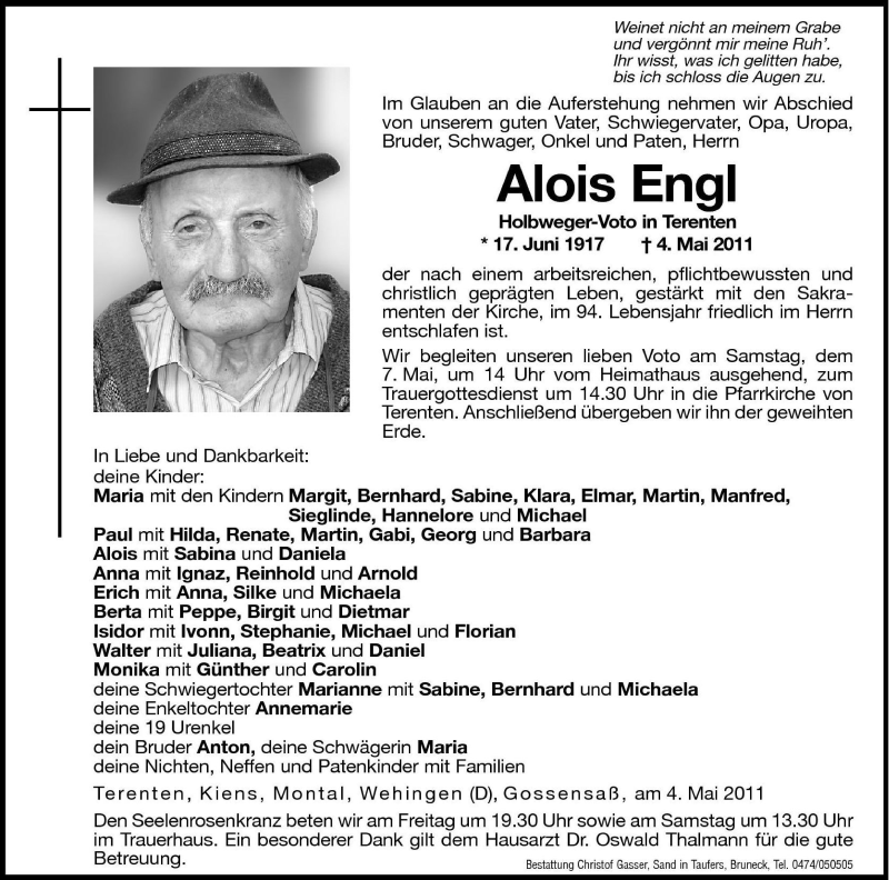  Traueranzeige für Alois Engl vom 06.05.2011 aus Dolomiten