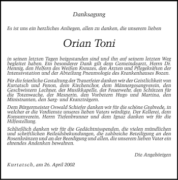 Traueranzeige von Orian Toni von Dolomiten