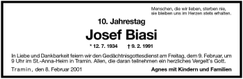 Traueranzeige von Josef Biasi von Dolomiten
