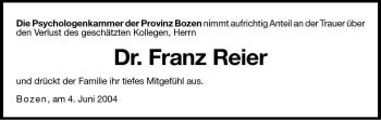 Traueranzeige von Franz Reier von Dolomiten