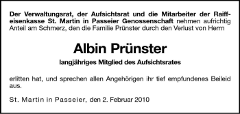 Traueranzeige von Albin Prünster von Dolomiten