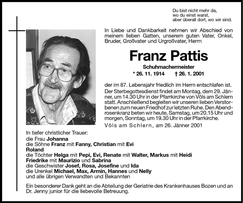  Traueranzeige für Franz Pattis vom 27.01.2001 aus Dolomiten