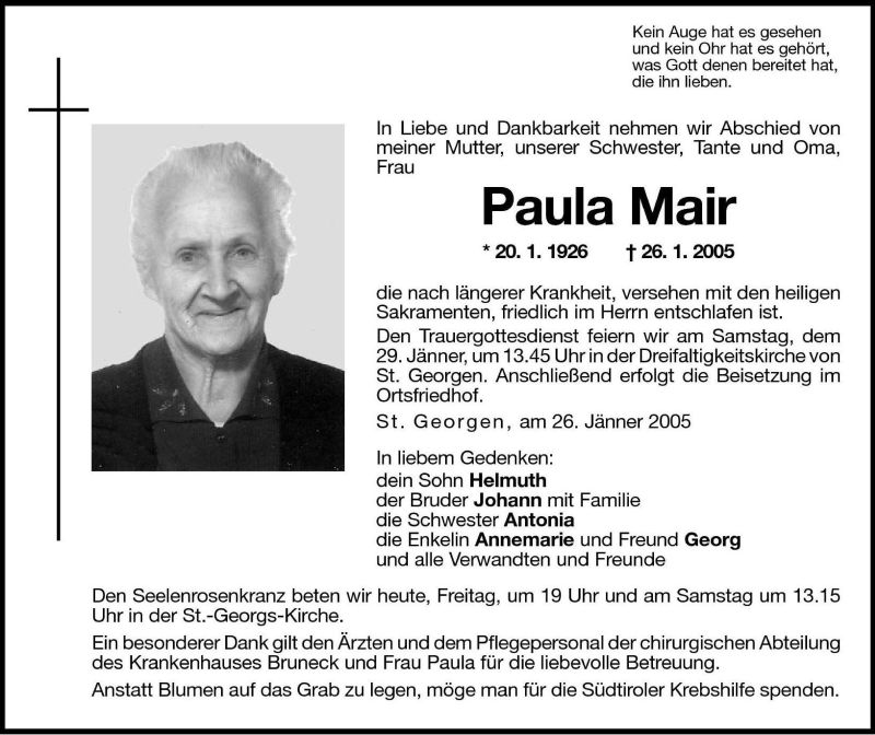  Traueranzeige für Paula Mair vom 28.01.2005 aus Dolomiten