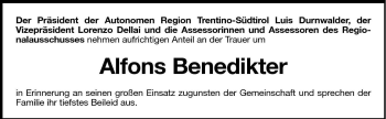 Traueranzeige von Alfons Benedikter von Dolomiten