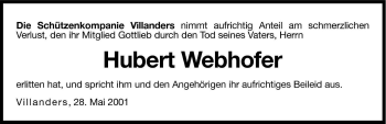 Traueranzeige von Hubert Webhofer von Dolomiten