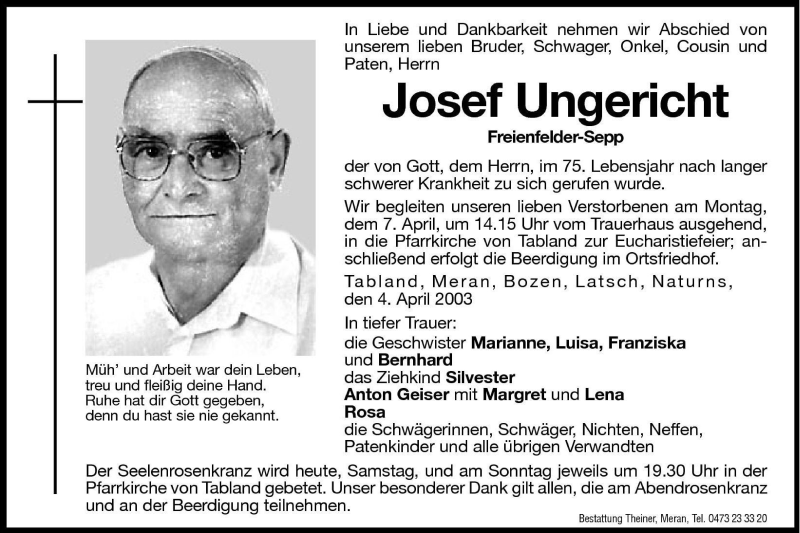  Traueranzeige für Josef Ungericht vom 05.04.2003 aus Dolomiten