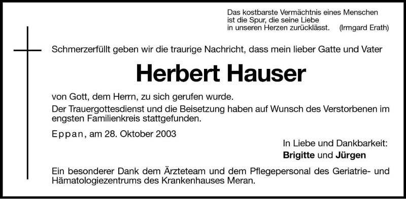  Traueranzeige für Herbert Hauser vom 28.10.2003 aus Dolomiten