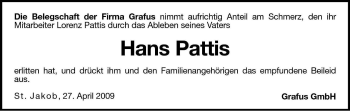 Traueranzeige von Hans Pattis von Dolomiten