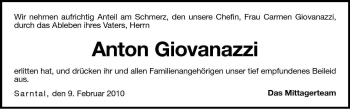 Traueranzeige von Anton Giovanazzi von Dolomiten