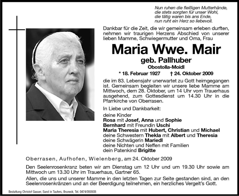  Traueranzeige für Maria Mair vom 27.10.2009 aus Dolomiten