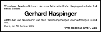 Traueranzeige von Gerhard Haspinger von Dolomiten