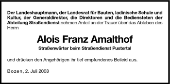 Traueranzeige von Alois Franz Amalthof von Dolomiten