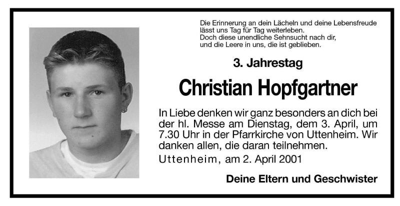  Traueranzeige für Christian Hopfgartner vom 02.04.2001 aus Dolomiten