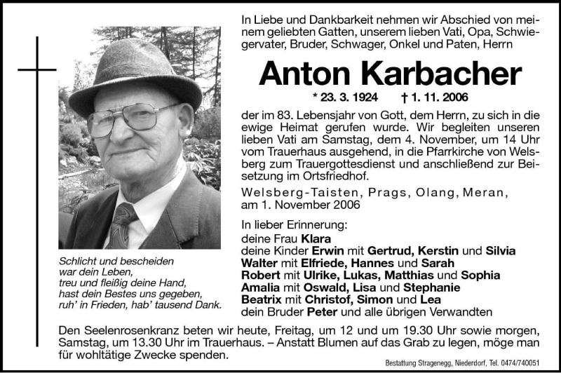  Traueranzeige für Anton Karbacher vom 03.11.2006 aus Dolomiten